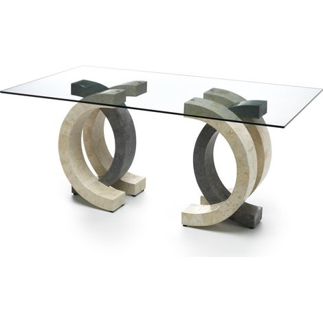 Tavolo Olimpia Fisso con Base in Pietra Fossile White Agata e Gray Stone e Top in Vetro Temperato Trasparente 180x100x76 cm - Olimpia (1/4)