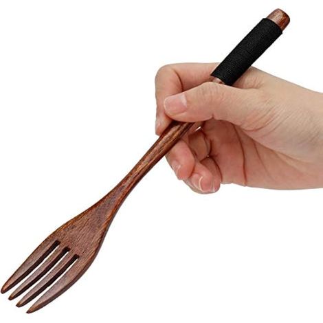 Fourchette en bois japonais, fourchettes en bois massif, couverts de cuisine en bois réutilisables et sains pour cuisiner, remuer et manger (1/5)