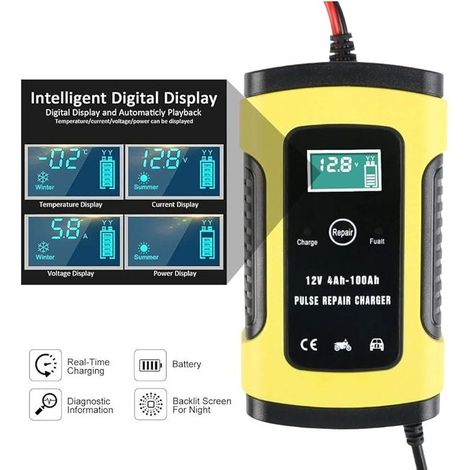 GROOFOO Chargeur et Mainteneur de Batterie Automatique Intelligent,Chargeur de Secours Portable 12V/6A avec Chargeurs à Flotteur de Réparation D'impulsion pour Voiture,Tondeuse à Gazon,Moto,etc (1/4)