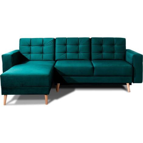 Divano ad angolo convertibile HASGARD 3 posti verde scuro 248x162 cm - con baule e piedi in legno