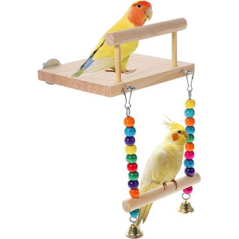 Posatoio in legno per pappagalli, posatoi per uccelli con altalena colorata, piattaforma per gabbia, giocattoli in legno da masticare per parrocchetti, conuri, calopsitte, colibrì (1/5)