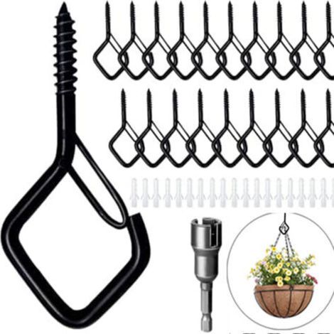 Set of 20 Stainless Steel Screw-in Hooks with Safety Catch, Wall Hooks, Ceiling Hooks, Black Screw Hooks, Can be Used for Plants, Flower Pots, etc. (1/5)
