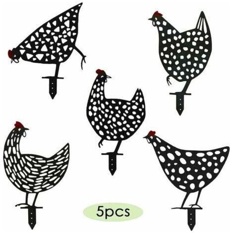 Lot de 5 piquets de jardin décoratifs et piquets d'herbes poulets décoration de jardin rouille décoration de jardin poule figurine de jardin en métal noir famille de poulet (1/4)
