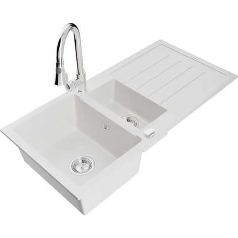 Mexen Andres fregadero de granito de 1,5 senos con escurridor y grifo de cocina Elia, blanco - 6515-20-670101-00 (1/5)