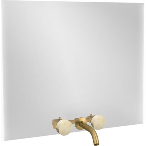 Miroir 3 trous 120 cm + mélangeur lavabo encastré 3 trous JACOB DELAFON Grands Boulevards marbré travertin sable et laiton brossé