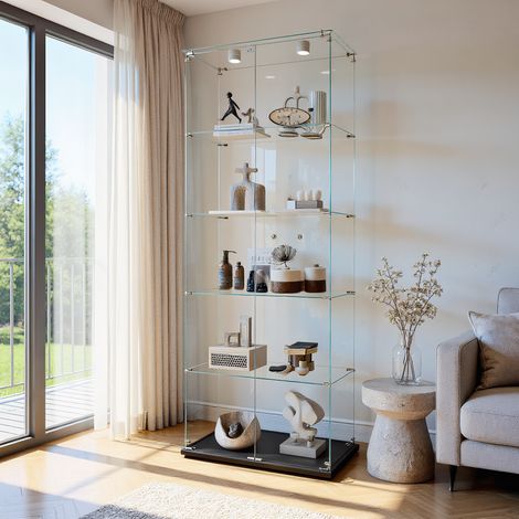 Vitrine en Verre avec Éclairage tactile, Armoire vitrine pour Collection avec 2 porte et 5 étagères, Meuble Vitrines, pour chambre, salon et salle à manger, 78 x 34 x 186 cm, Noir (1/5)