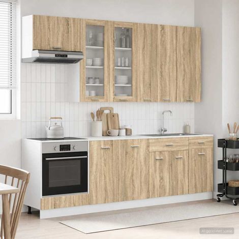Unité de cuisine LYON 8 pièces chêne sonoma en bois d’ingénierie avec meubles hauts, meubles bas et pieds réglables (1/5)