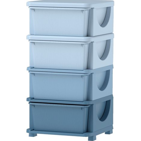 Boîte de rangement enfant avec 4 tiroirs, plastique bleu, bords arrondis, design surélevé (1/5)