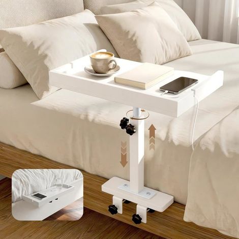 Tablette De Lit Accrochable Réglable En Hauteur,Table De Chevet Blanche Clip-On Avec Barre Métallique,Organisateur 35X20Cm P[CA146] (1/5)