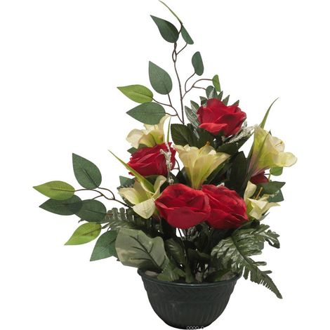 Vasque de Rose, Lys, Gypsophile et Ficus pour la toussaint Rouge - couleur: Rouge