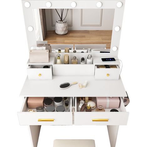 Coiffeuse avec LED 3 températures, prise intégrée, support sèche-cheveux, 4 tiroirs et panier de rangement, avec tabouret rembourré  CHICFURN (1/5)