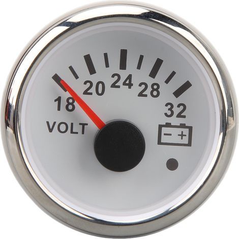 Voltmetro CC da 52 mm, da 9 a 32 V, alta precisione, risposta rapida, con lancetta retroilluminata, per camper, yacht, pescherecci e navi. Quadrante bianco, lunetta argentata. (1/5)