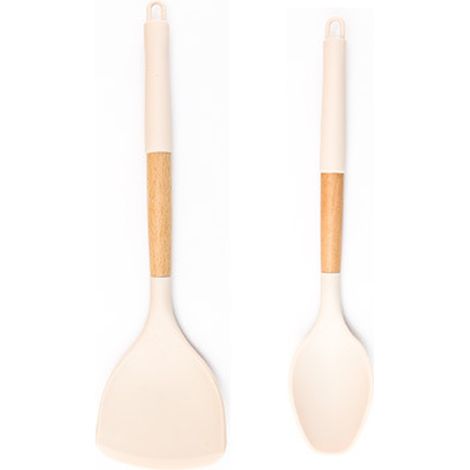 Ensemble de 2 ustensiles de cuisine ergonomiques anti-rayures avec manches en bois naturel, couleur crème, pour poêles antiadhésives. (1/5)