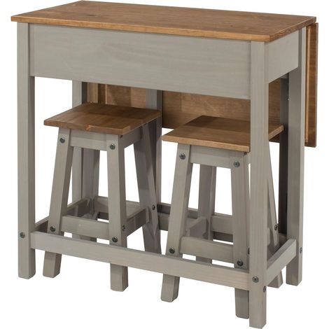 Dining Breakfast Set With Grey Solid Pine Extendable Table & 2 Dining Chairs