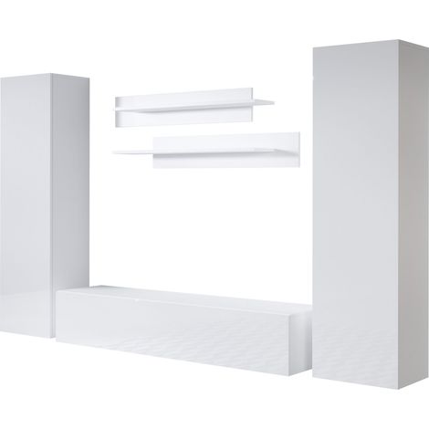 Mueble de salón Composición de salón TV Mueble TV Conjunto de Salón Ancho 260cm Modelo Luke 7A Blanco Acabado brillo