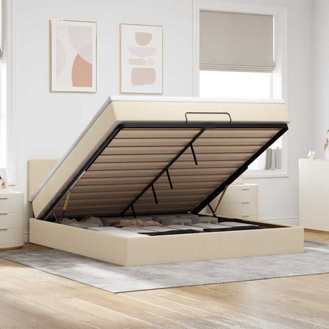 Ottomane Bett mit Matratze & LEDs Creme 180x200 cm Stoff (1/5)