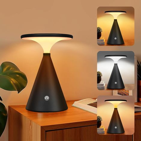 Rosnek Lampe de Table LED, Lampe de Bureau 1200mAh Dimmable, Luminaire d'Intérieur/Extérieur à Toucher, 3 Couleurs Gradation Illimitée, Design Élégant (Noir)