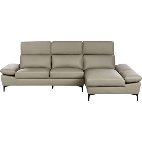 Sofá esquinero moderno de piel izquierdo reposacabezas y reposabrazos ajustables 4 plazas gris pardo Farila