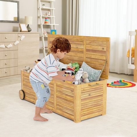 Coffre de jardin en bois sur roulettes 182l avec sac interieur etanche poignee 127 x 50 x 45 cm (1/5)