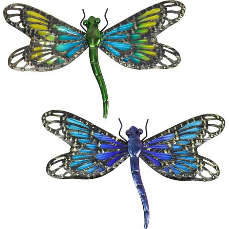 Lot de 2 libellules en métal pour décoration murale d'extérieur en verre pour la maison, le jardin, dégradé bleu et vert (1/5)
