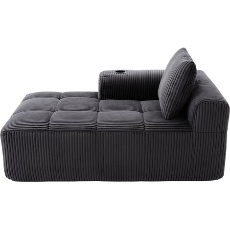 Sofá cama individual de terciopelo de pana gris oscuro con cojín, bolsillos laterales y portavasos (1/5)