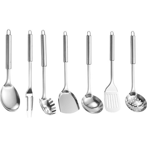 Ustensiles de Cuisine, 7 Pièces Ustensiles de Cuisine inox avec manche suspendu, Cuillère à riz, fourchette à viande, louche à pâtes, spatule, louche à soupe, passoire, écumoire, lavable au lave-vaiss (1/5)