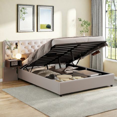 Lit Coffre 140x200cm, Lit Double avec Rangement Hydraulique, Tête de Lit Capitonnée avec LED, USB/Type-C et 2 Tables de Chevet, Velours, Beige (1/5)