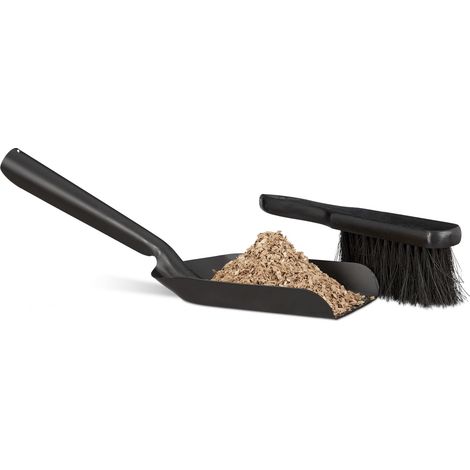 Relaxdays Small Dustpan and Brush Set, Durable Steel Set with Sweeper, Ash Scoop, Black