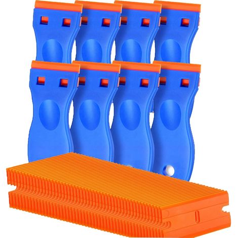 Ensemble de 8 grattoirs en plastique avec 100 lames de rechange pour dissolvants d'adhésifs sur autocollants, ustensiles de cuisine et peinture pour vitres