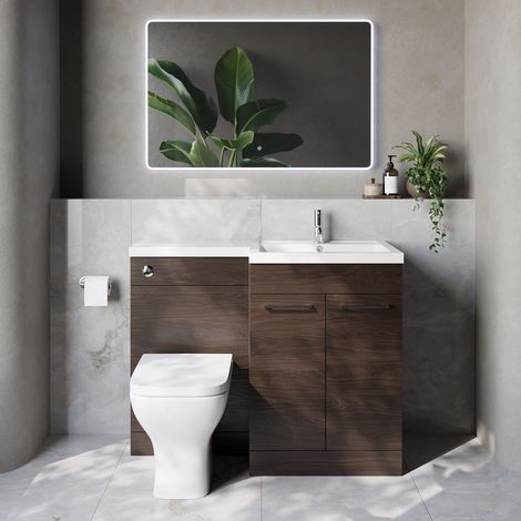 Napoli 460 Brown Oak 1100mm 2 Door Vanity Unit Toilet Suite with Right Hand Square Lucia Basin - 1100mm - Chrome 160mm HandleWith Kingston Toilet Pan and Seat