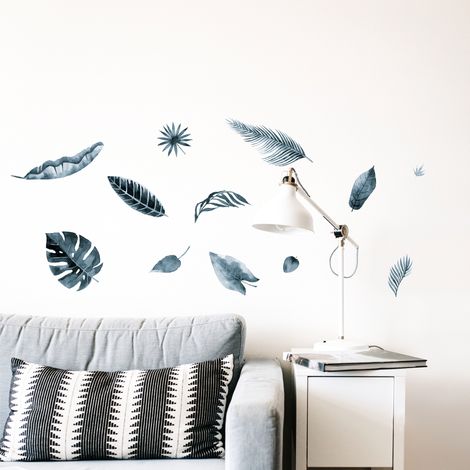 Sticker mural décoratif tropical, feuilles bleues aquarelle, 68 cm X 48 cm, décoration intérieure (1/2)