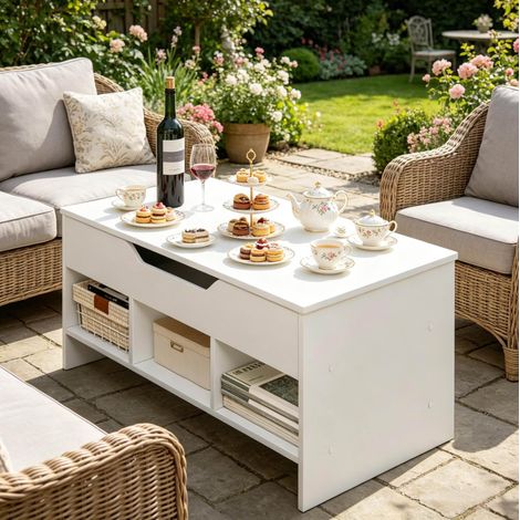 Tavolino da caffè alzabile 96x51x45 cm bianco con vano contenitore, legno e metallo, MEUBLIV (1/5)
