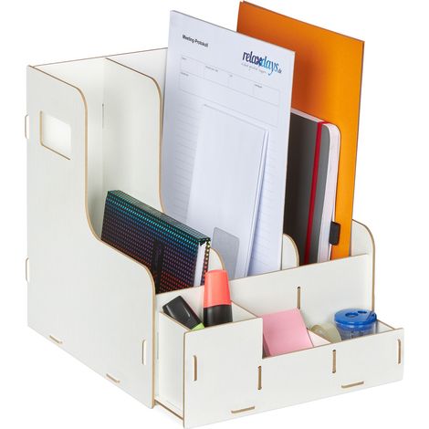 Relaxdays Archivador, 3 Compartimentos, Formato A4, Revistero, Organizador Material Escritorio, Oficina, MDF, Blanco