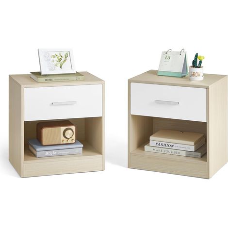 Set di 2 Comodini Moderni con Cassetto e Mensola Bianco Naturale (1/5)