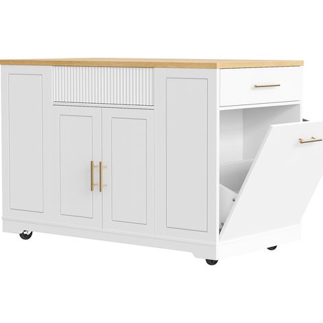 Îlot de cuisine mobile 120x50x92 cm avec rangement, 2 portes et 3 tiroirs, chariot équipé d’un bac à déchets intégré (1/5)