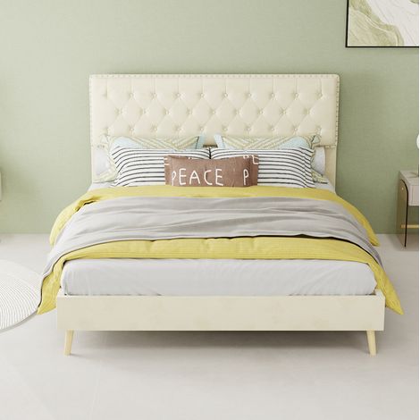 Letto in tessuto e metallo beige 140x200 cm con testiera alta e spazio sottoletto, rete a doghe inclusa (1/5)