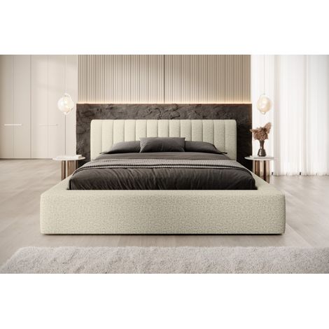 Bett mit Stauraum CERVIN – Taupe Sand Bouclé – 160x200 cm – Klappbares Lattenrost – Hochwertiges Design