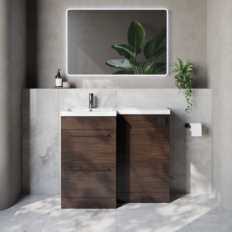 Napoli 390 Brown Oak 1000mm 2 Drawer Vanity Unit Toilet Suite with Left Hand Square Lucia Basin - 1000mm - Gunmetal Grey 320mm HandleWithout Kingston Toilet Pan