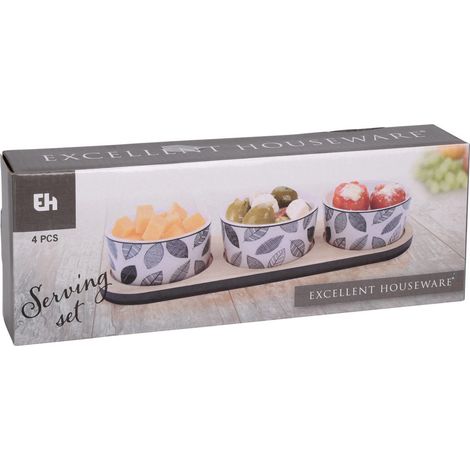Servier-Set für Snacks: Tablett und 3 Porzellanschalen, Ø 10 cm