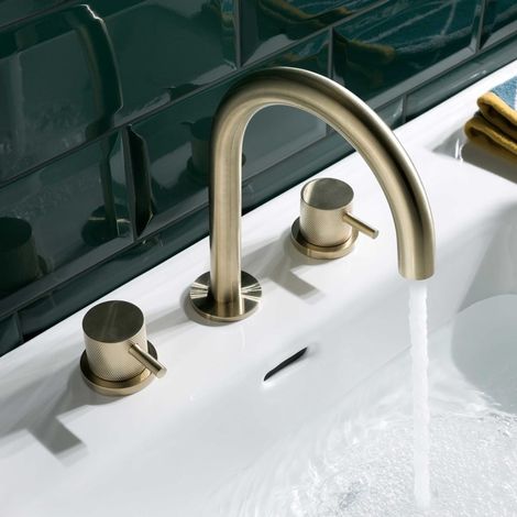 JTP Vos 3-Hole Deck Mounted Basin Mixer Tap with Designer Handle - Brushed Brass (1/3)