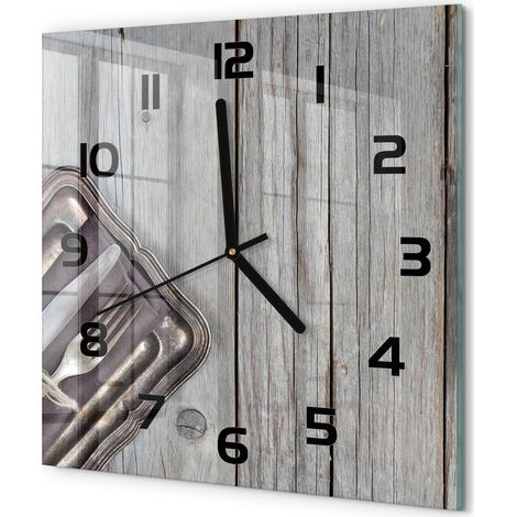 Horloge Murale Carrée Décorative Design Artistique Verre Trempé Salon Couverts sur des planches 30x30 cm (1/5)