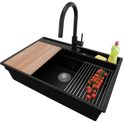 PRIMAGRAN Evier Cuisine en Granit 78x53cm, Lavabo 1 bac + Robinet 40x20cm + Kit de Vidage + Accessoires, Évier à Encastrer au meuble 80cm - Oslo Pocket, Noir
