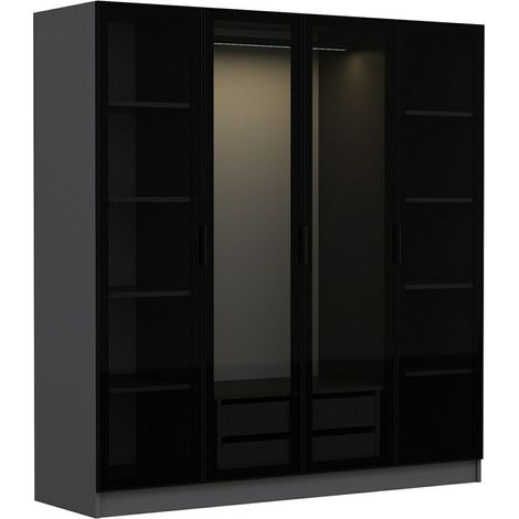 Dressing 4 portes Verre fumé Noir Antipaxos L180xH210cm 1 tringle et 2 tiroirs Anthracite (1/5)