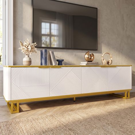 Meuble TV 160x37,5x48cm avec 4 Portes et Passe-câbles, Bois et Métal, Style Moderne Minimaliste, Blanc et Or (1/5)