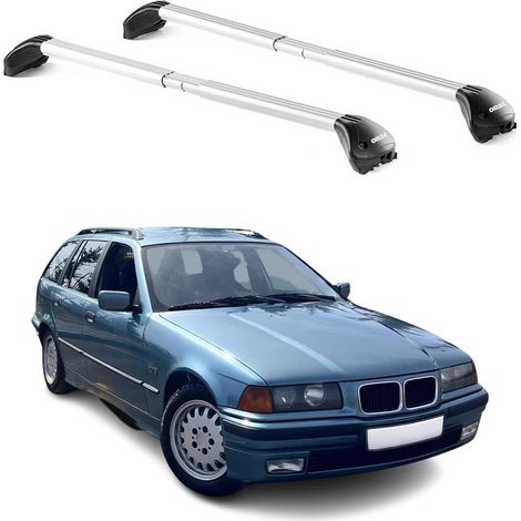 OMAC Barres de toit transversales certifiées TÜV pour BMW Série 3 Break E36 E91 1994-2012 – Verrouillables (4 antivols) – Charge max 100 kg – Sangle inox + protection caoutchouc Argent (1/4)