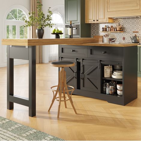 Mobile cucina 2-in-1 con tavolo estensibile 120-197 cm, pannello girevole 360°, nero HAVRYA (1/5)
