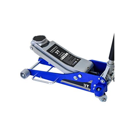 Cric hydraulique 3 tonnes en aluminium et acier, roulettes pivotantes 360°, bleu et argent (1/5)