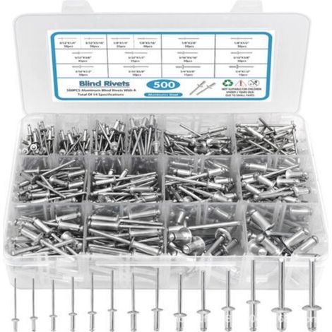 Assortiment de 500 rivets pop, 14 tailles de rivets aveugles en aluminium (3/32", 1/8", 5/32", 3/16", 1/4"), ensemble de rivets aveugles pour métal avec séparateur renforcé et étui étiqueté (1/5)