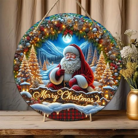 Guirlande En Bois - Pendeloque De Noël En Forme De Disque Avec Motif Père Noël - Décoration Intérieure Et Extérieure Pour Fenêtre, Porche Ou Jardin - 1 Pièce (1/3)