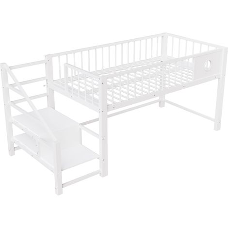 Letto a soppalco basso per bambini 90 x 200 cm con scala contenitore, struttura metallica bianca (1/5)